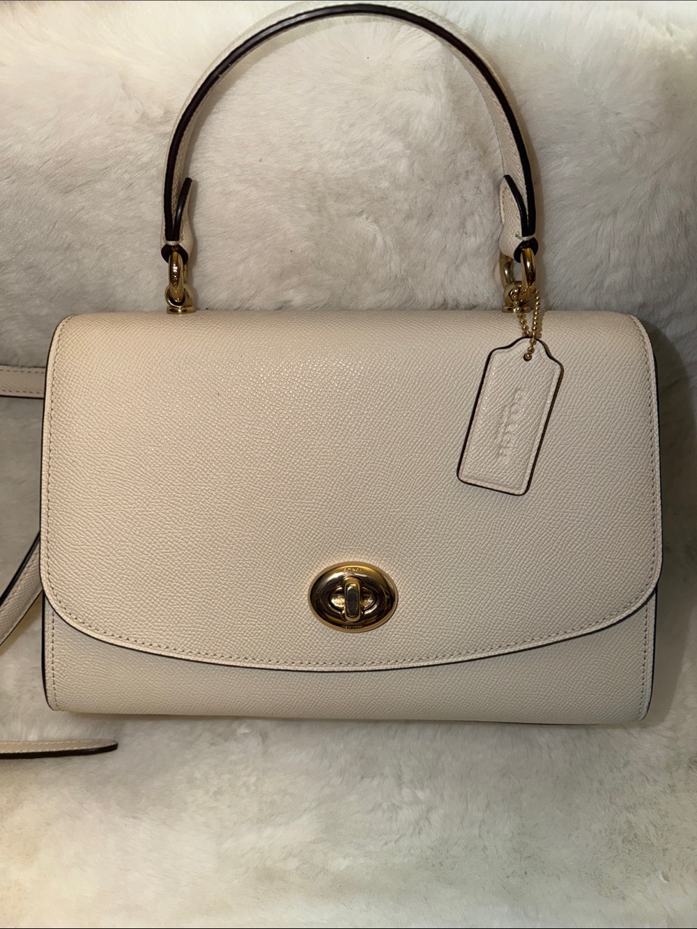 Coach Cream Pebbled Leather Turnlock Crossbody Satchel